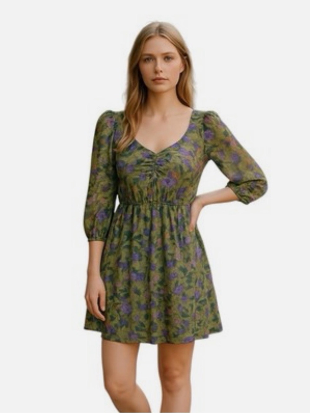 J. Crew Silk Floral Puff-Sleeve Green Mini Dress